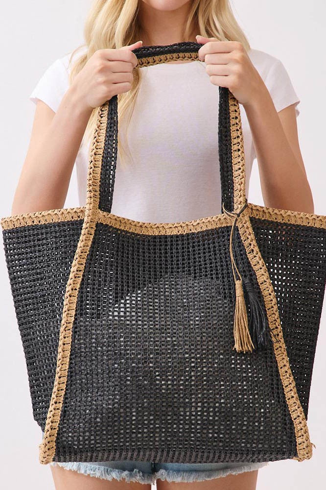 Black Tassel Accent Two Tone Woven Straw Tote Bag