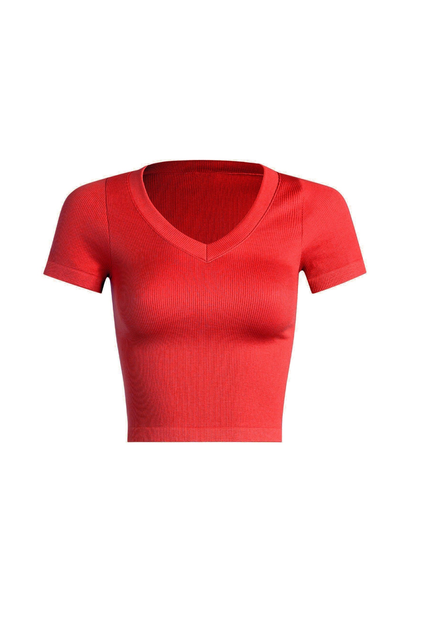 Red Basic Rib V-neck Cropped Tee
