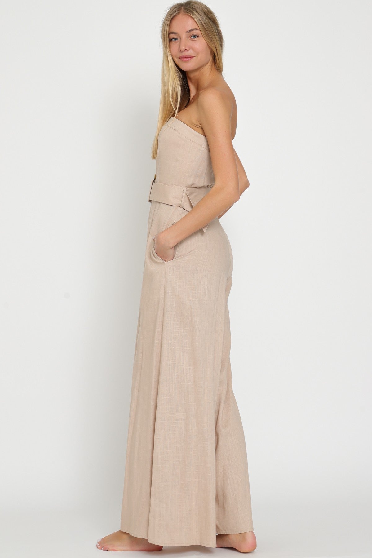 Belted Linen Jumpsuit Beige