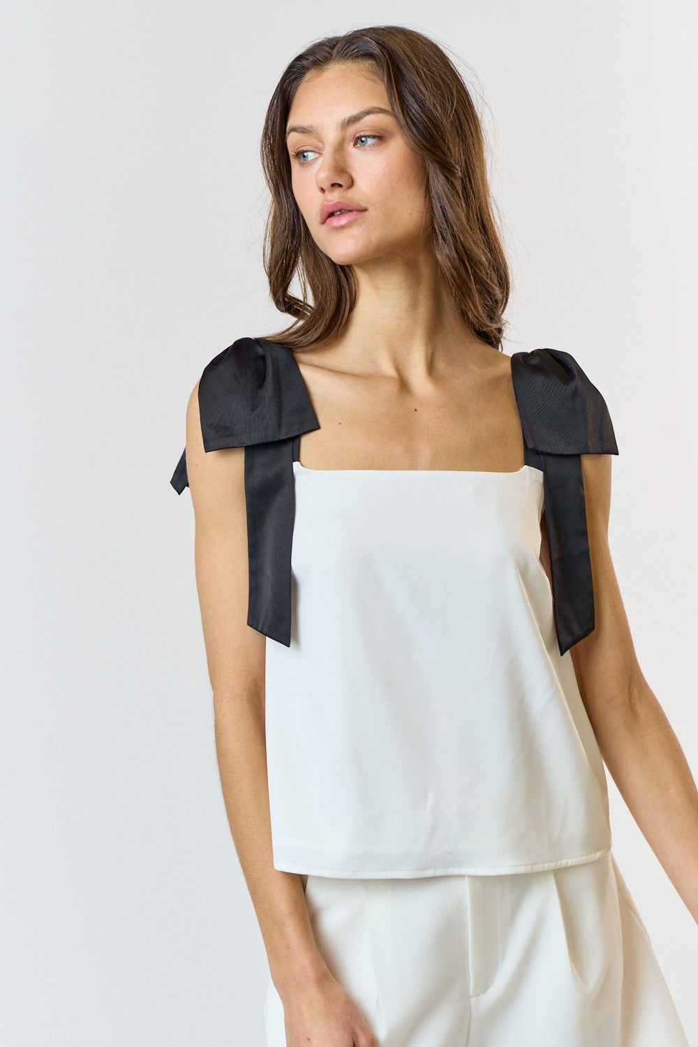 White and Black Bow Strap Top