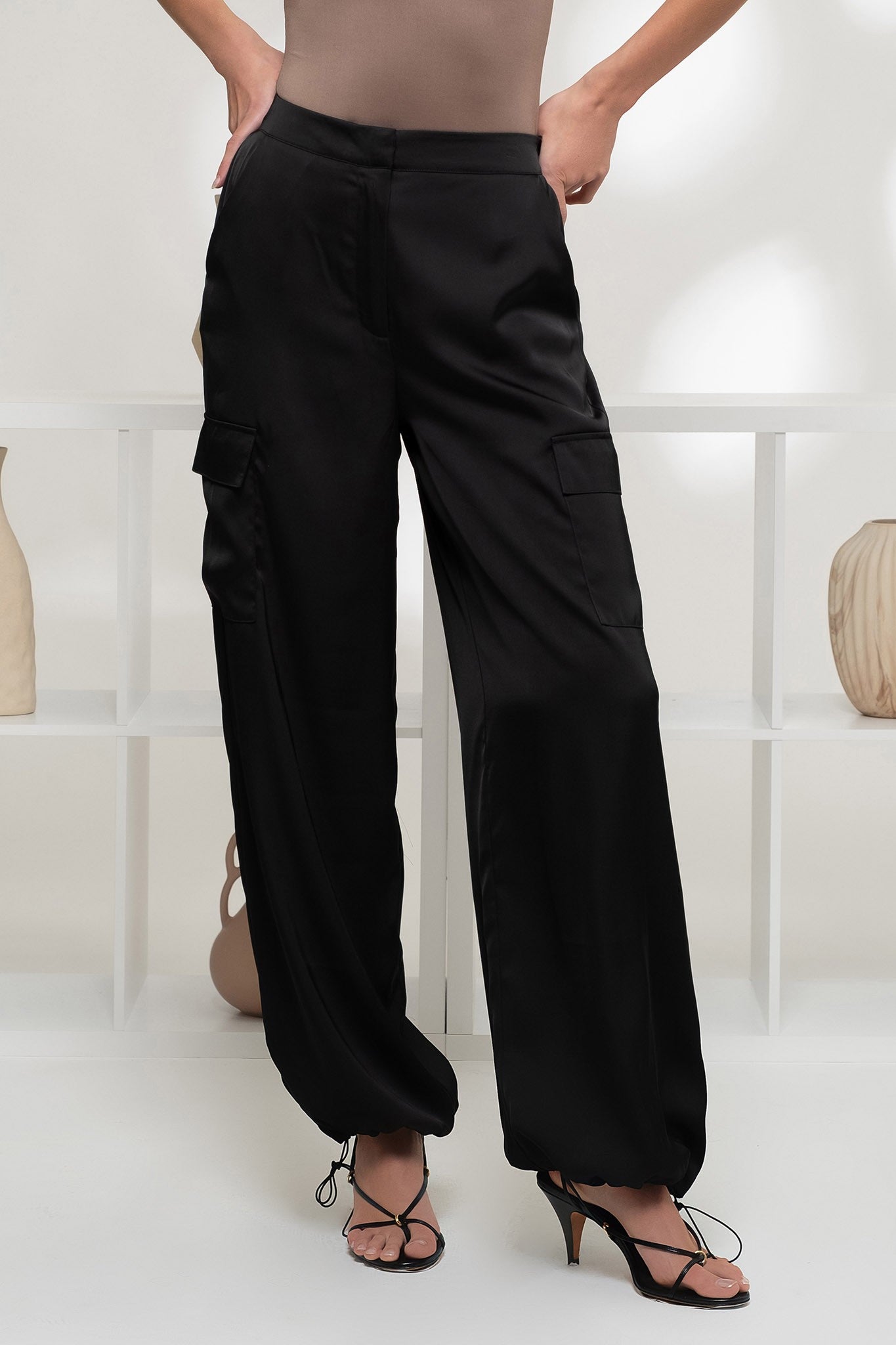 Satin Cargo Pants Black