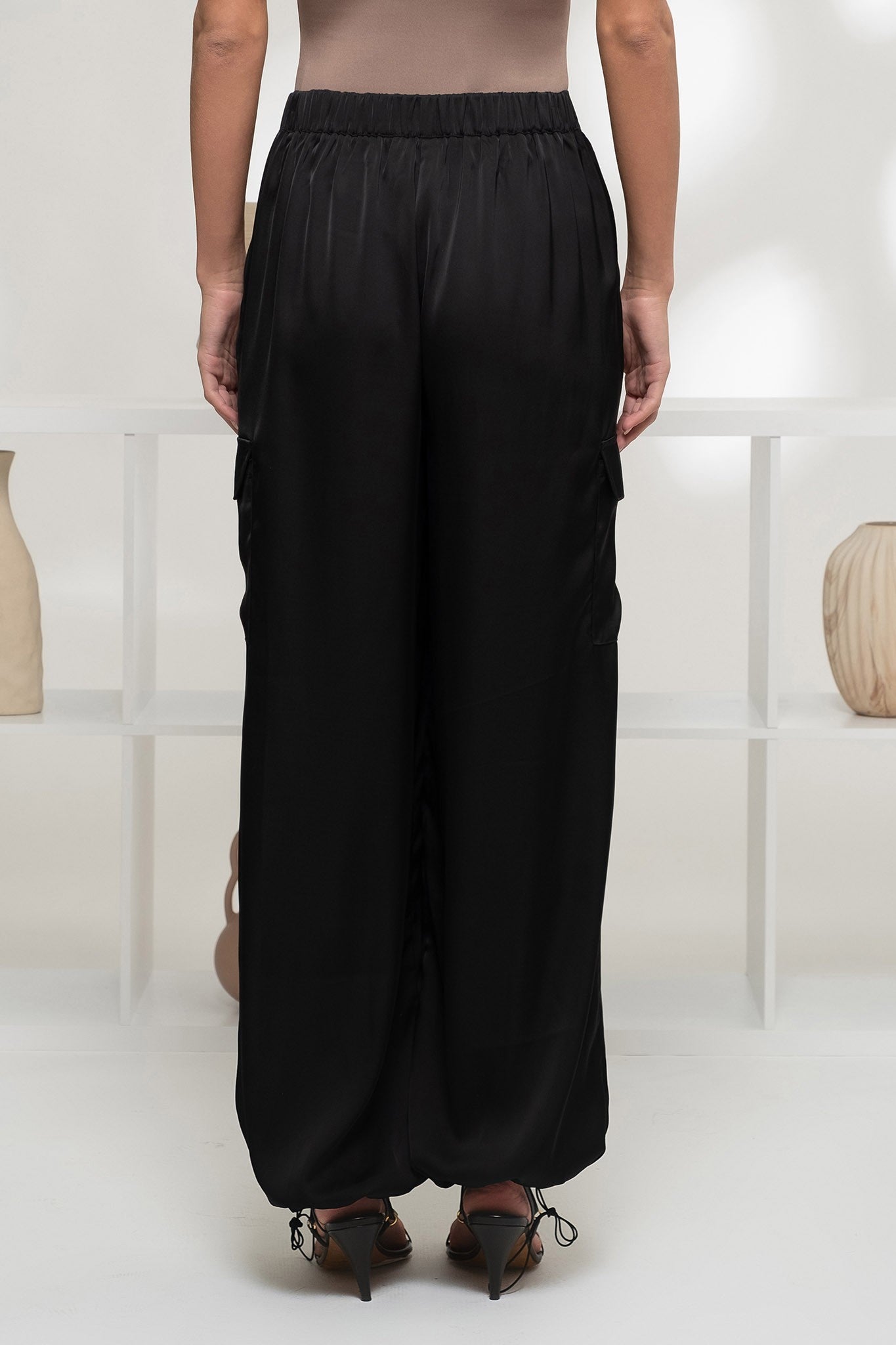 Satin Cargo Pants Black