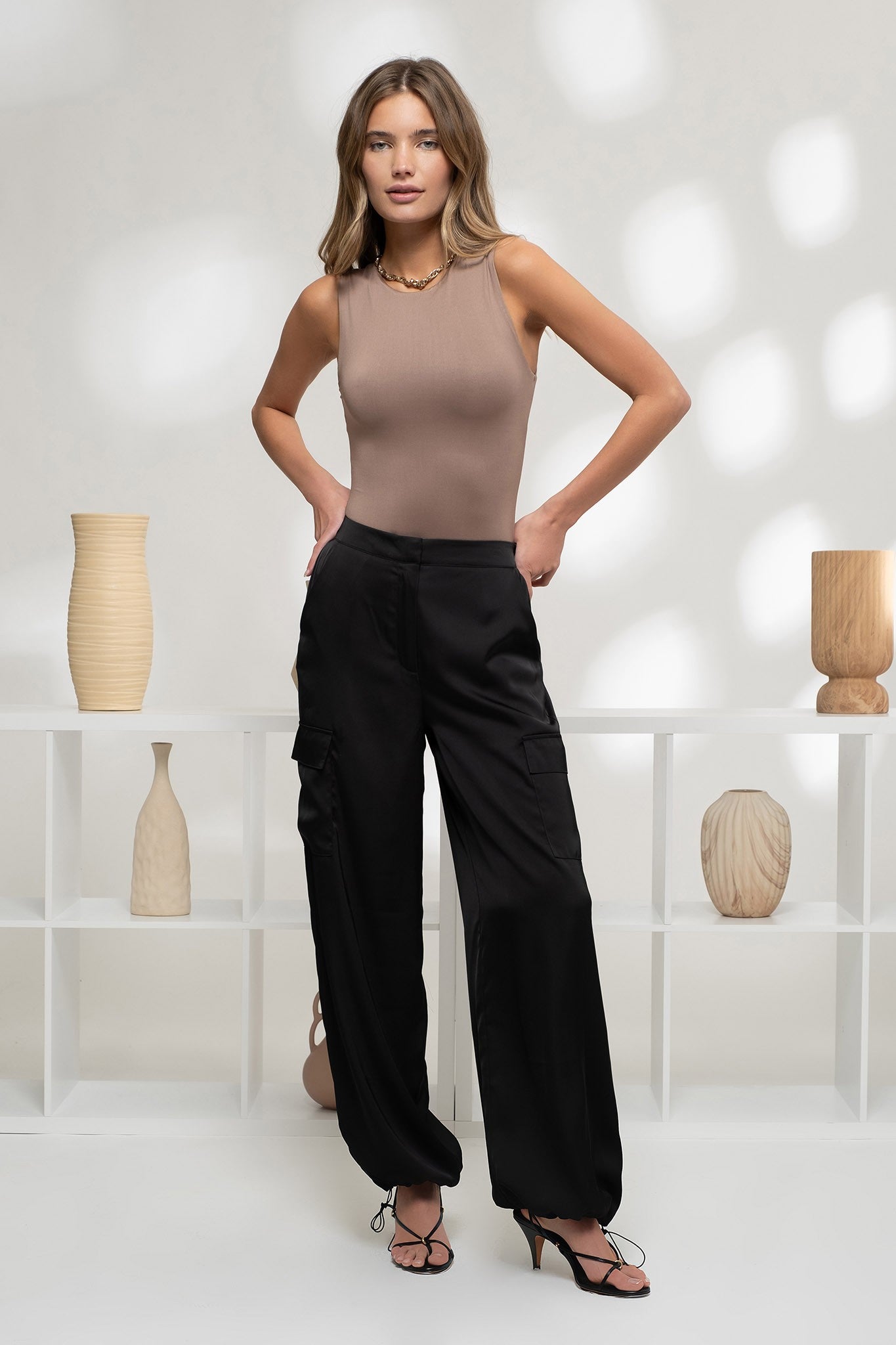 Satin Cargo Pants Black