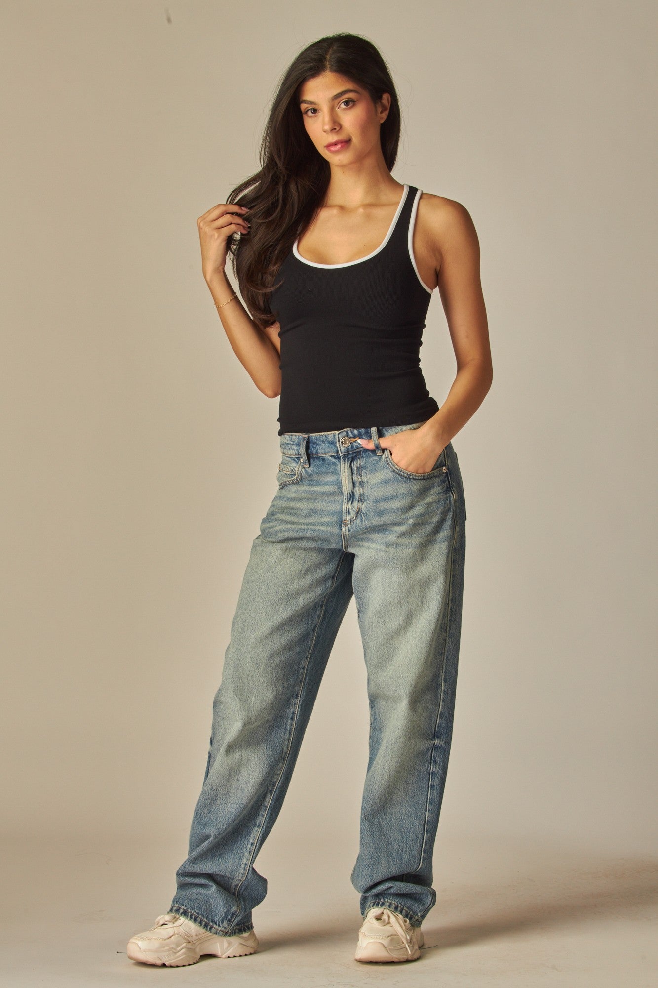Seamless Contrast Binding Tank Top Black