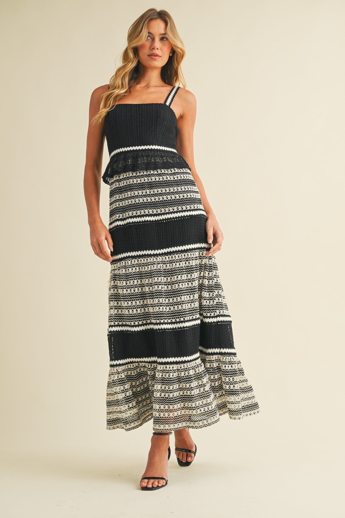 Color Block Crochet Lace Tierd Midi Dress