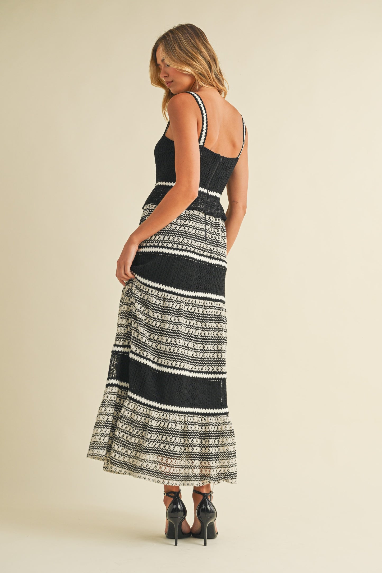 Color Block Crochet Lace Tierd Midi Dress