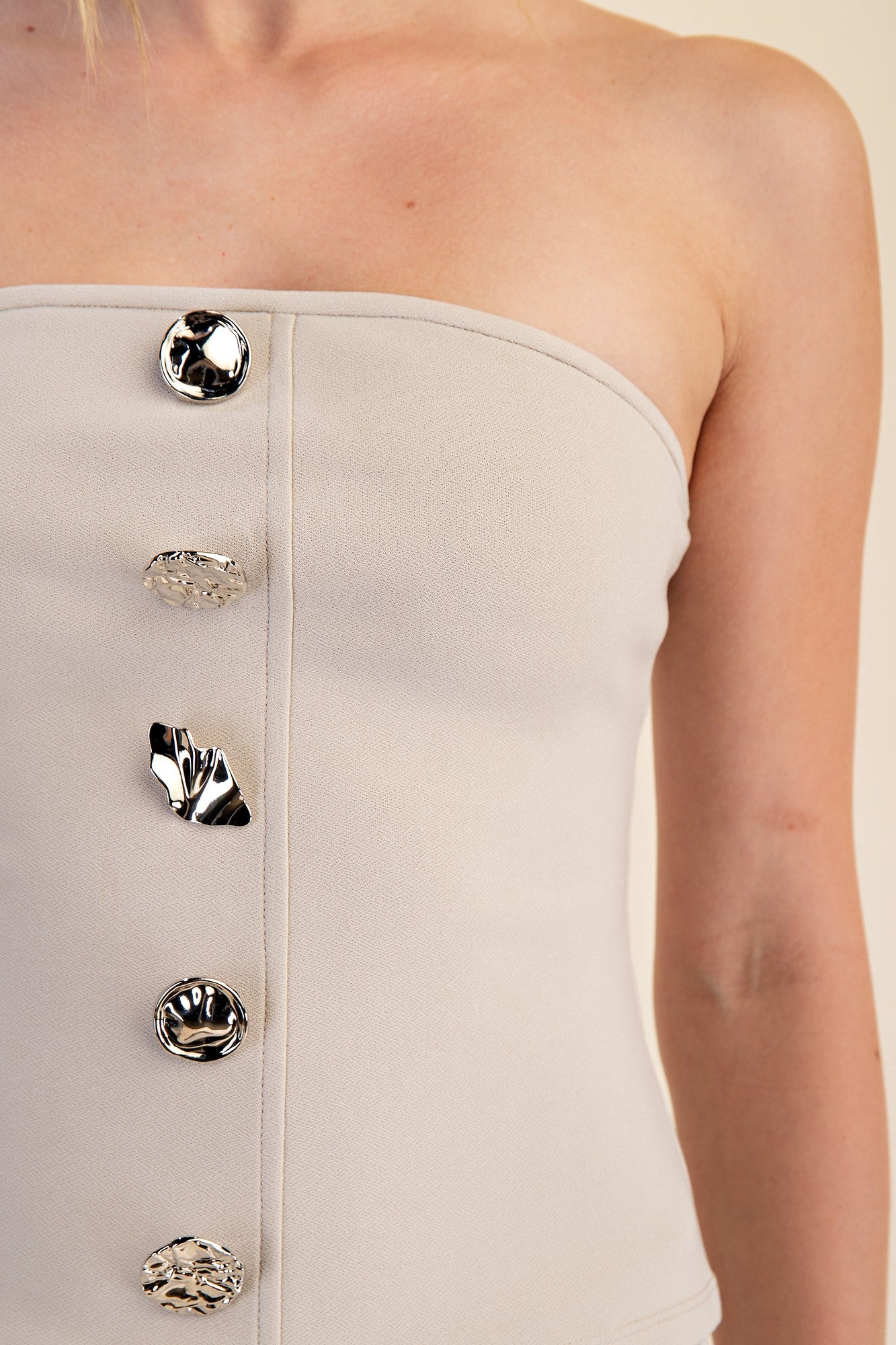Beige Buttons Bandeau Top