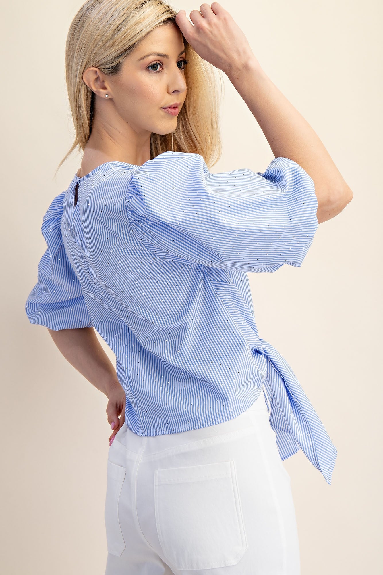 Blue Rhinestone Tie-Front Blouse