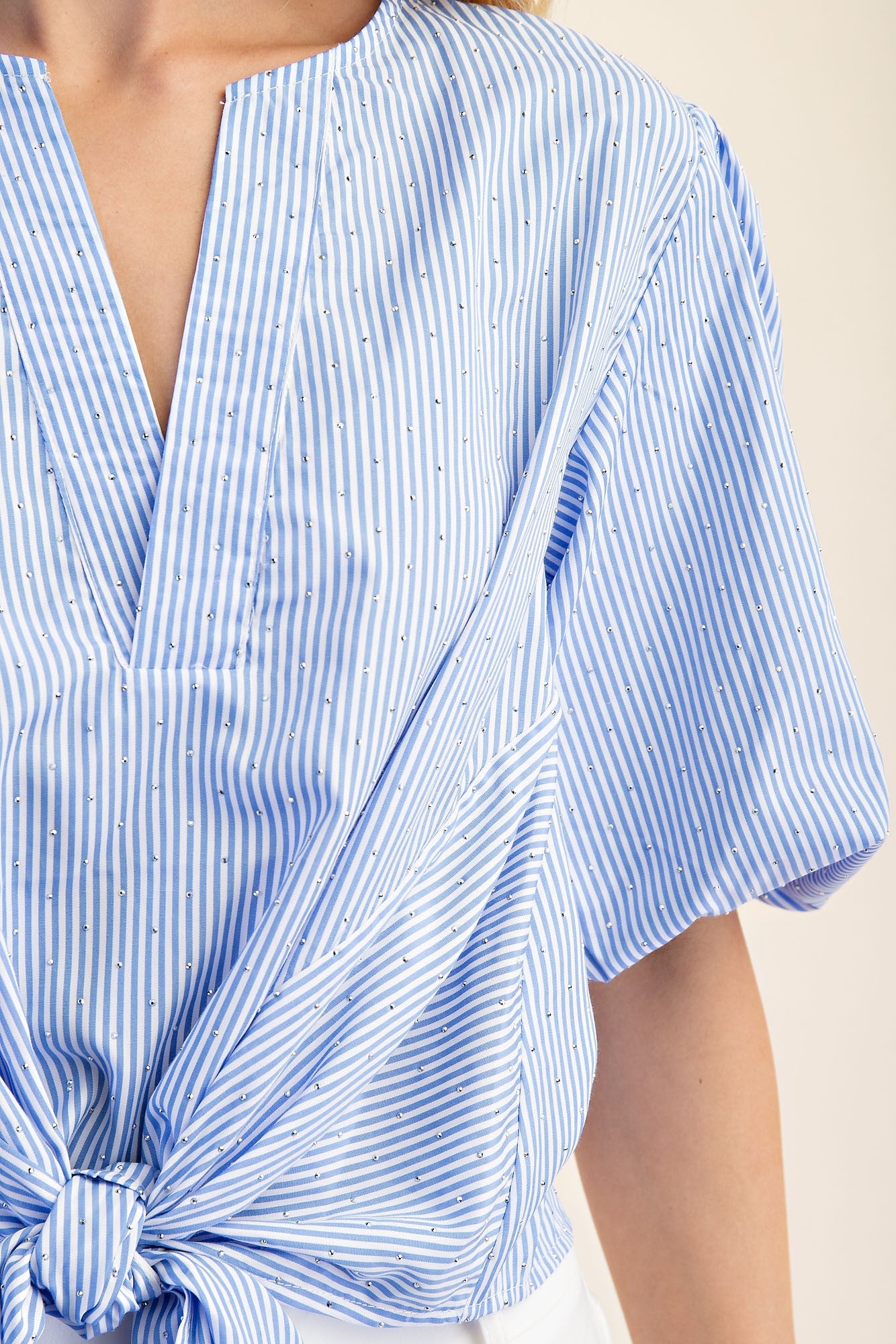 Blue Rhinestone Tie-Front Blouse