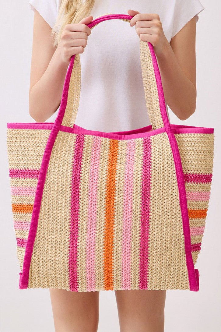 Pink Multi Color Straw Tote Bag