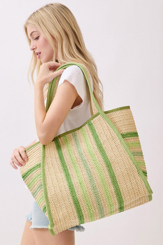 Green Multi Color Straw Tote Bag