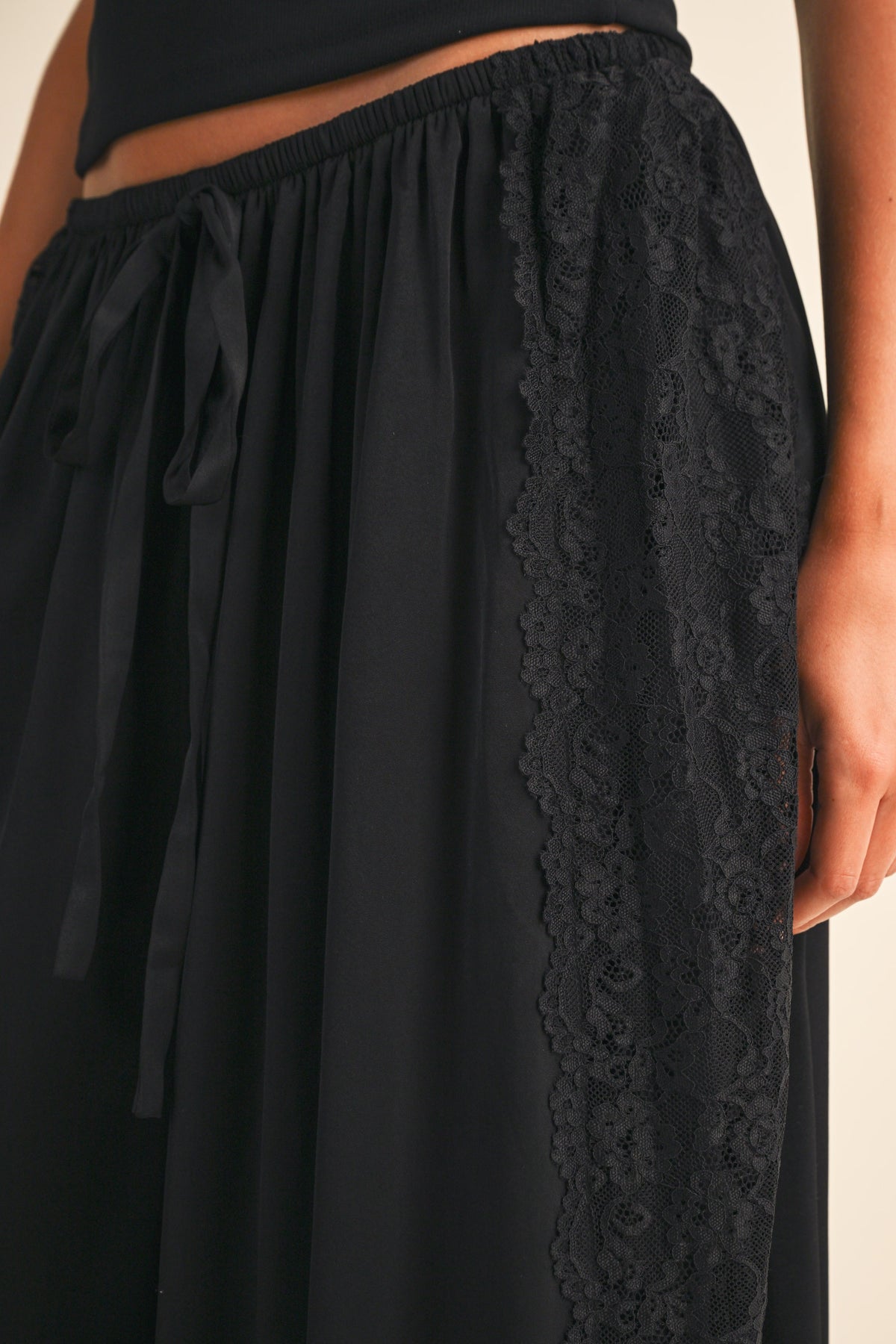 Lace Side Panel Charmeuse Silk Wide Legs Pants