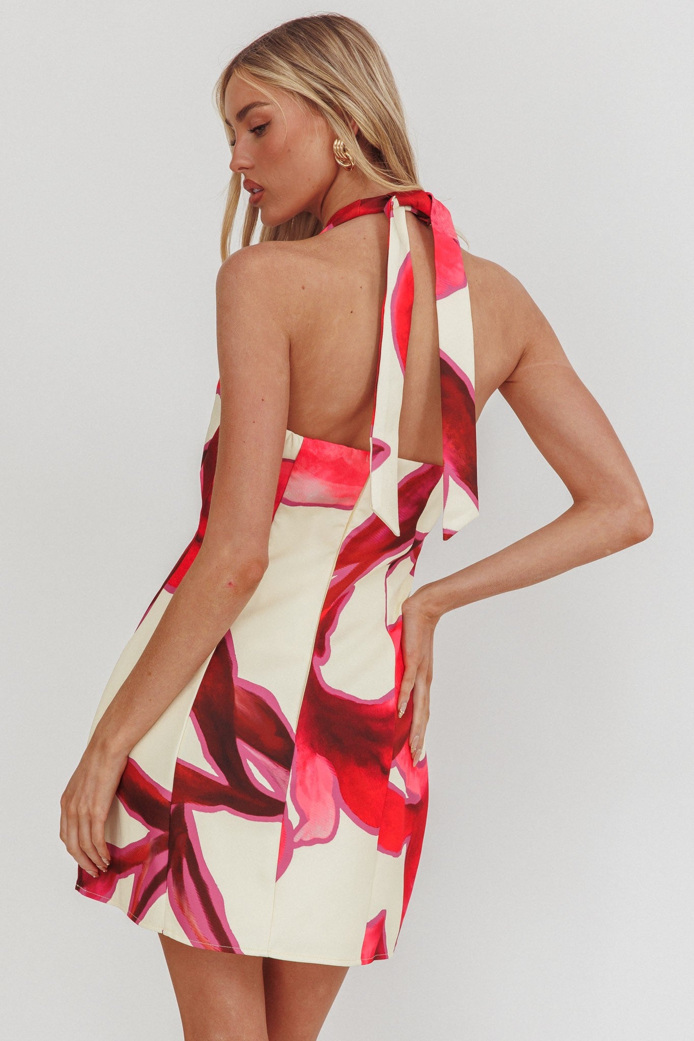 Abstract Halter V Neck Mini Dress