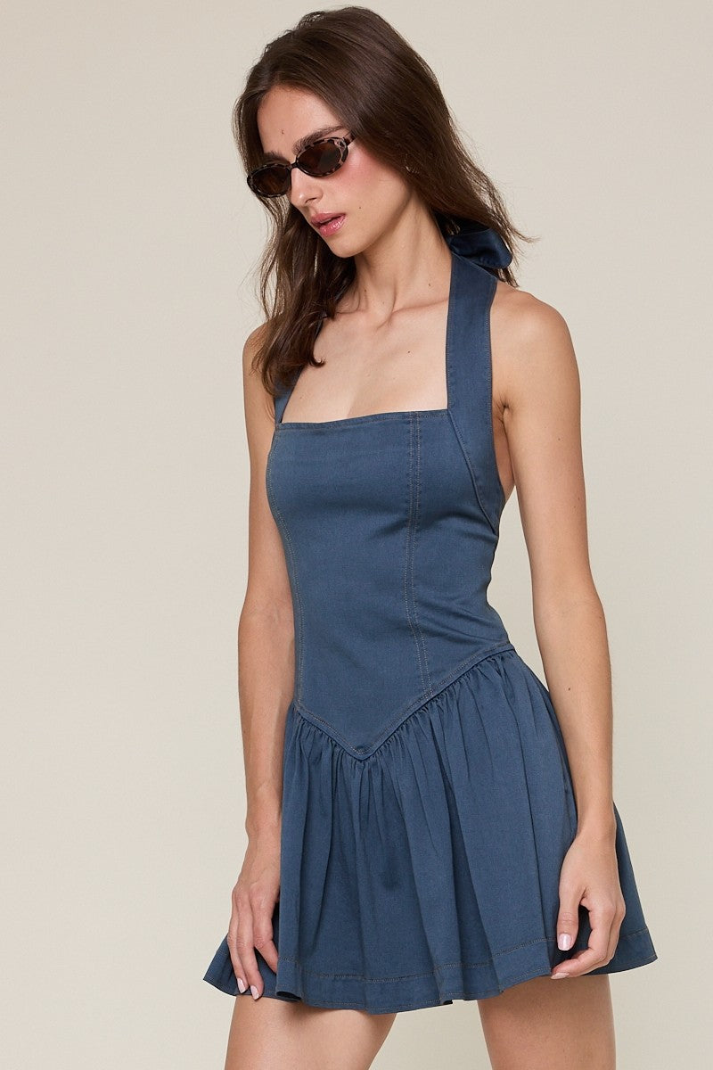 Indigo Denim Halter Mini Dress