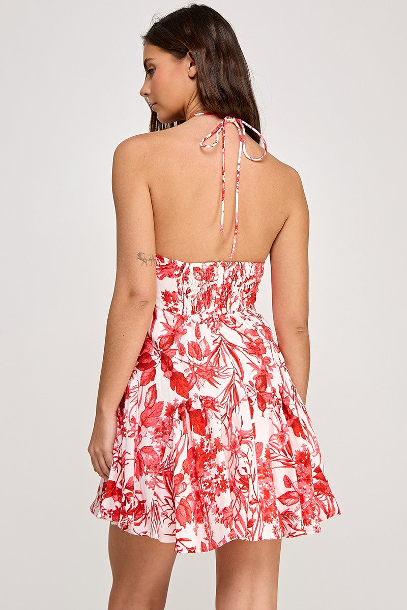 Flower Print Halter Neck Mini Dress