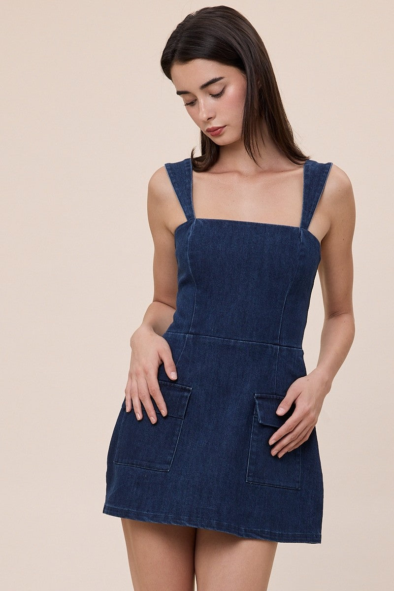 Denim Square Neck Plain Romper