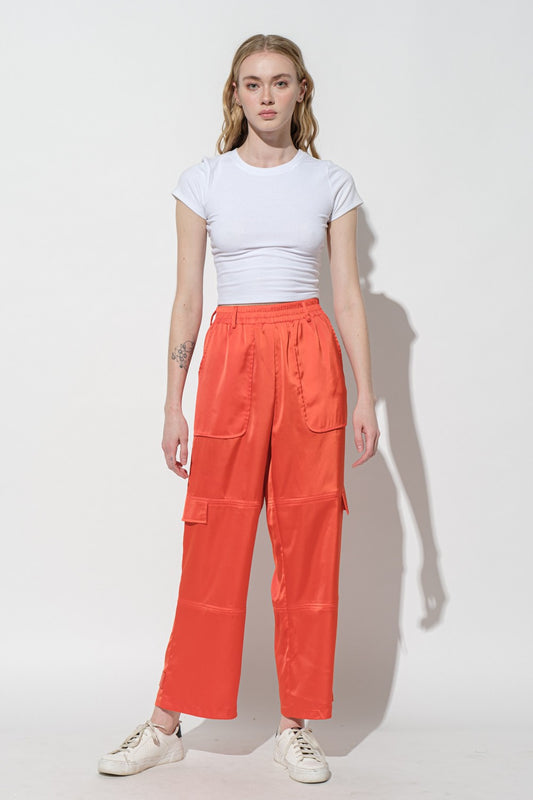 Glossy Satin Cargo Pants Orange