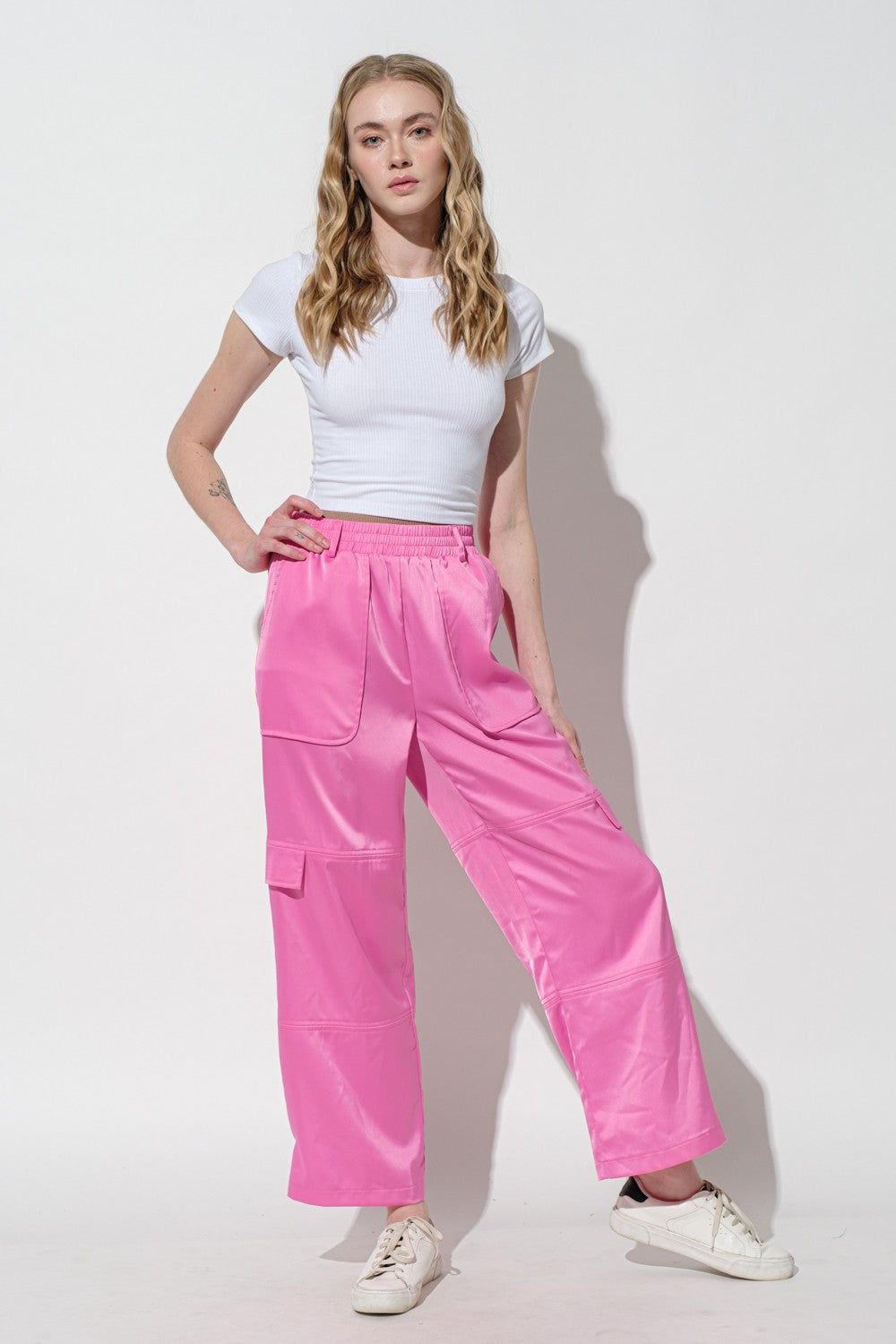 Glossy Satin Cargo Pants Pink