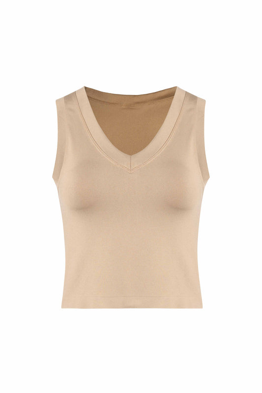 Beige Basic V-Neck Top