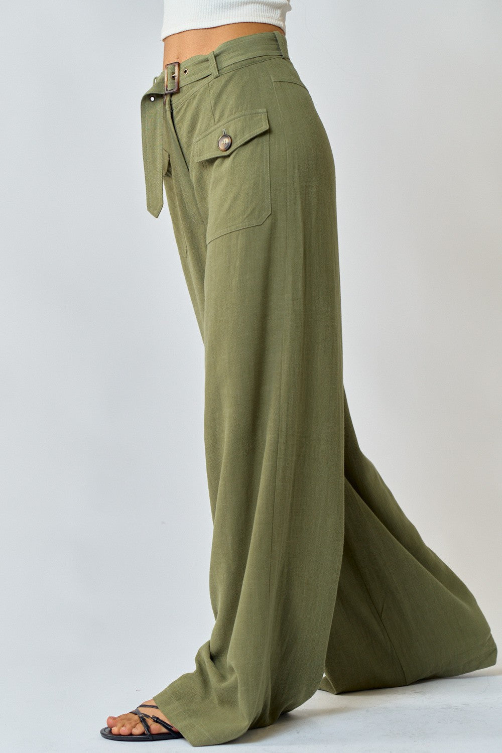 Olive Belt Wide Linen Pants