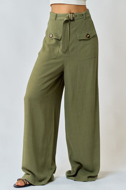 Olive Belt Wide Linen Pants