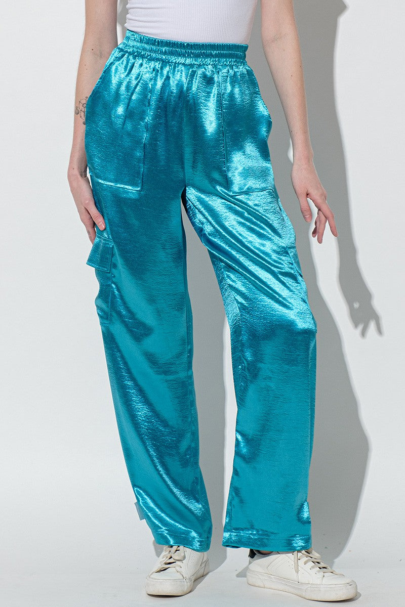 Glossy Satin Cargo Pants Blue