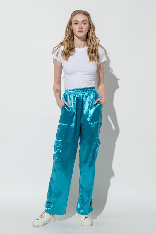 Glossy Satin Cargo Pants Blue