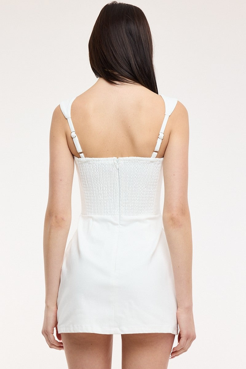 White Denim Square Neck Plain Romper Dress