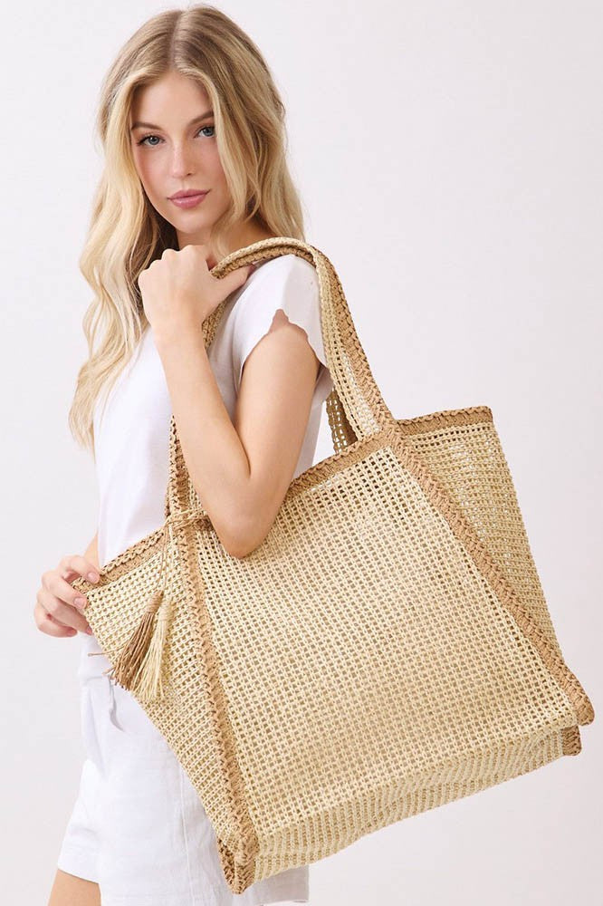 Tan Tassel Accent Two Tone Woven Straw Tote Bag