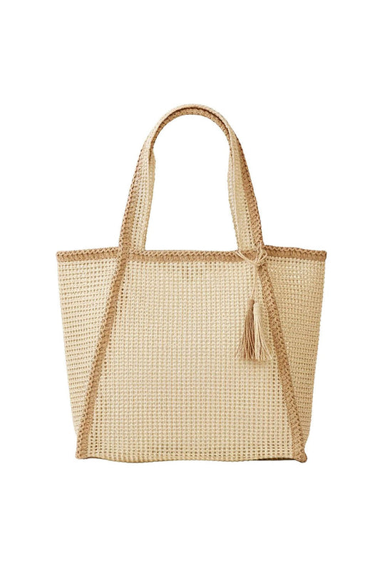 Tan Tassel Accent Two Tone Woven Straw Tote Bag