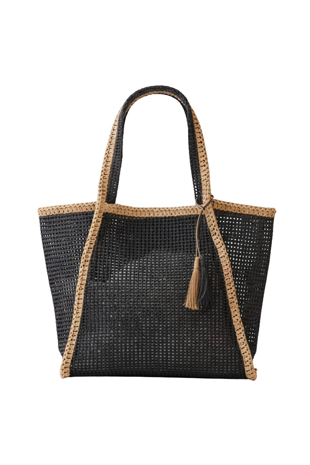 Black Tassel Accent Two Tone Woven Straw Tote Bag