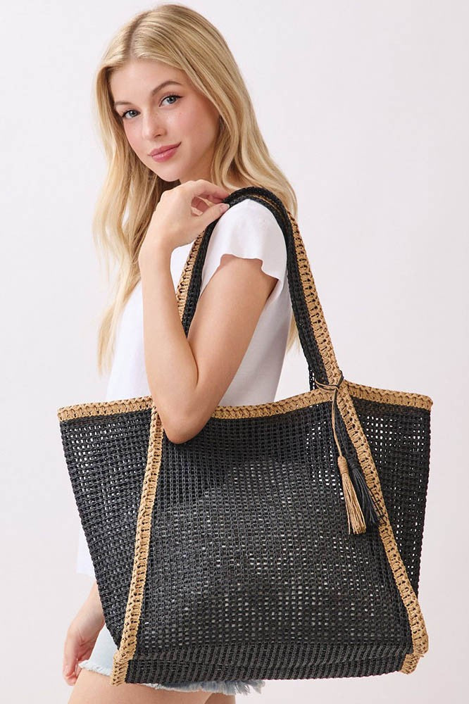 Black Tassel Accent Two Tone Woven Straw Tote Bag