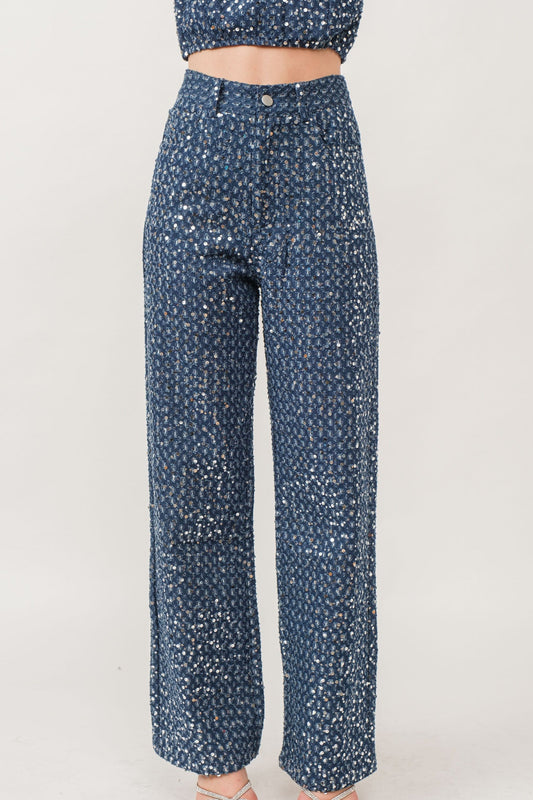 Distressed Sequin Denim Pants