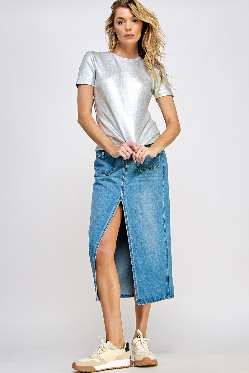 Silver Short Sleeve Metallic Rib Top