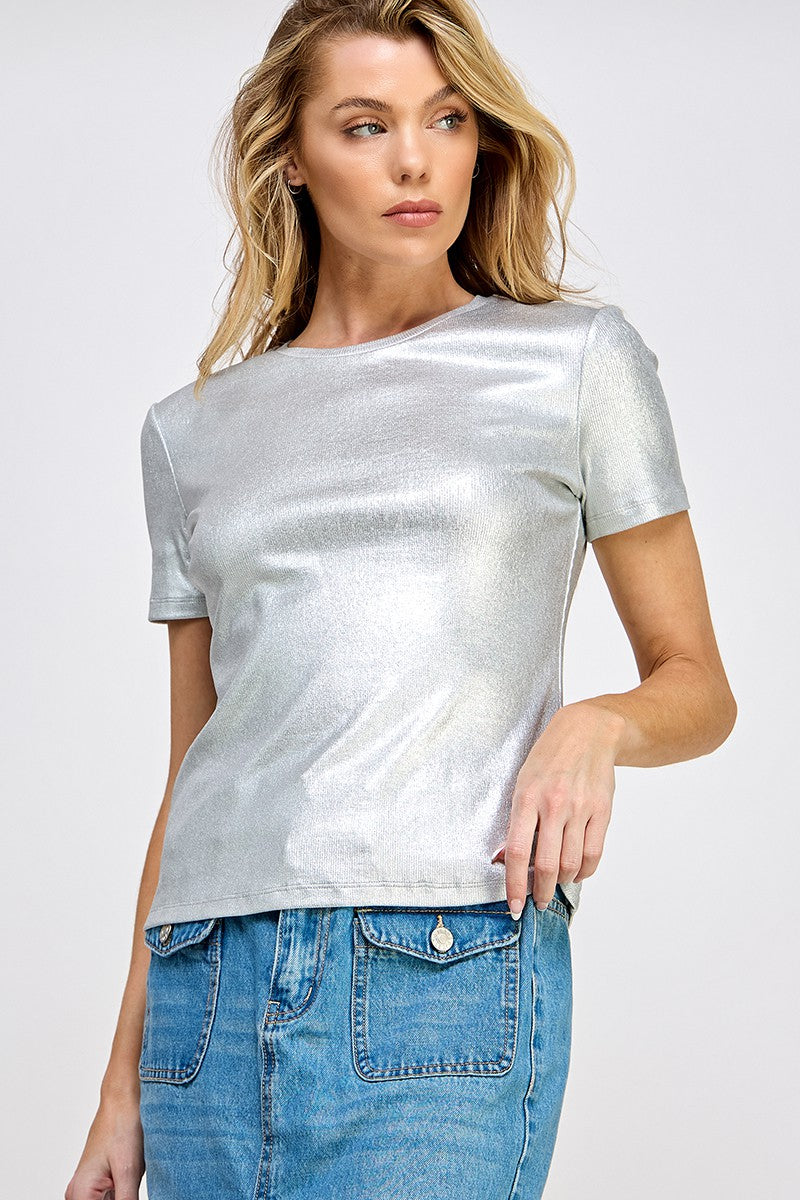 Silver Short Sleeve Metallic Rib Top