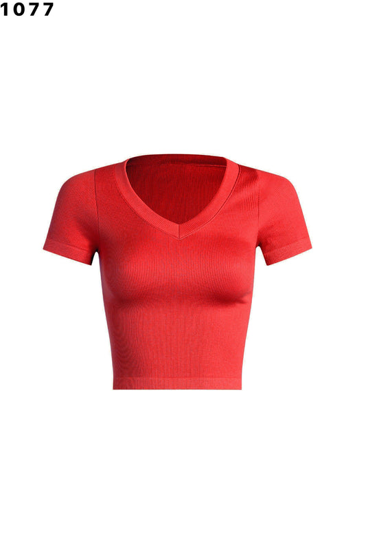 Red Basic Rib V-neck Cropped Tee