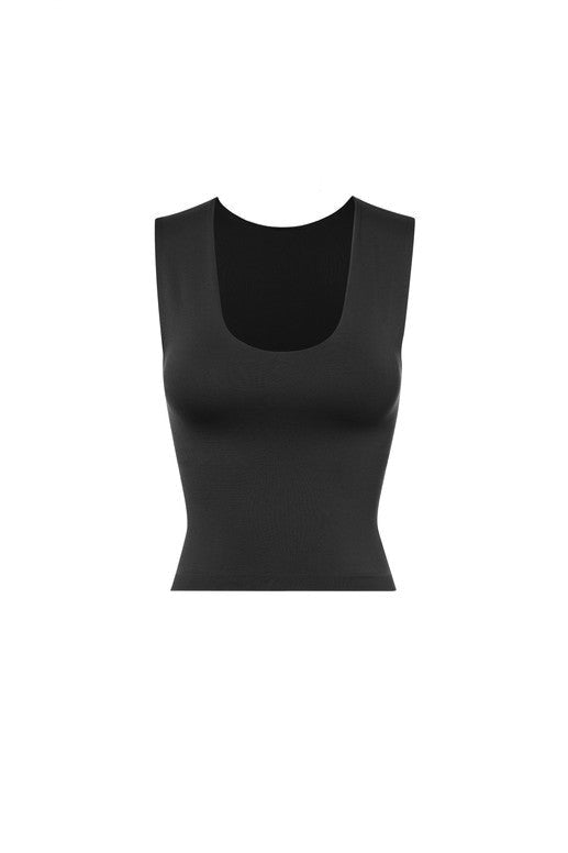 Black sleeveless top on a white background