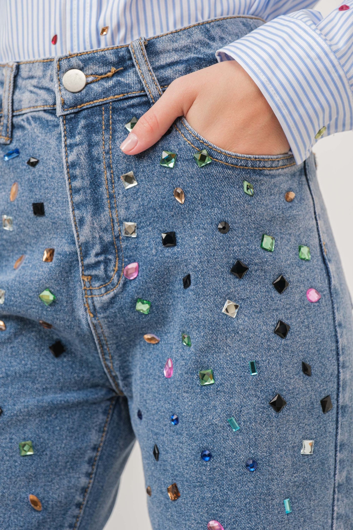 Multicolor rhinestone stretch denim pants