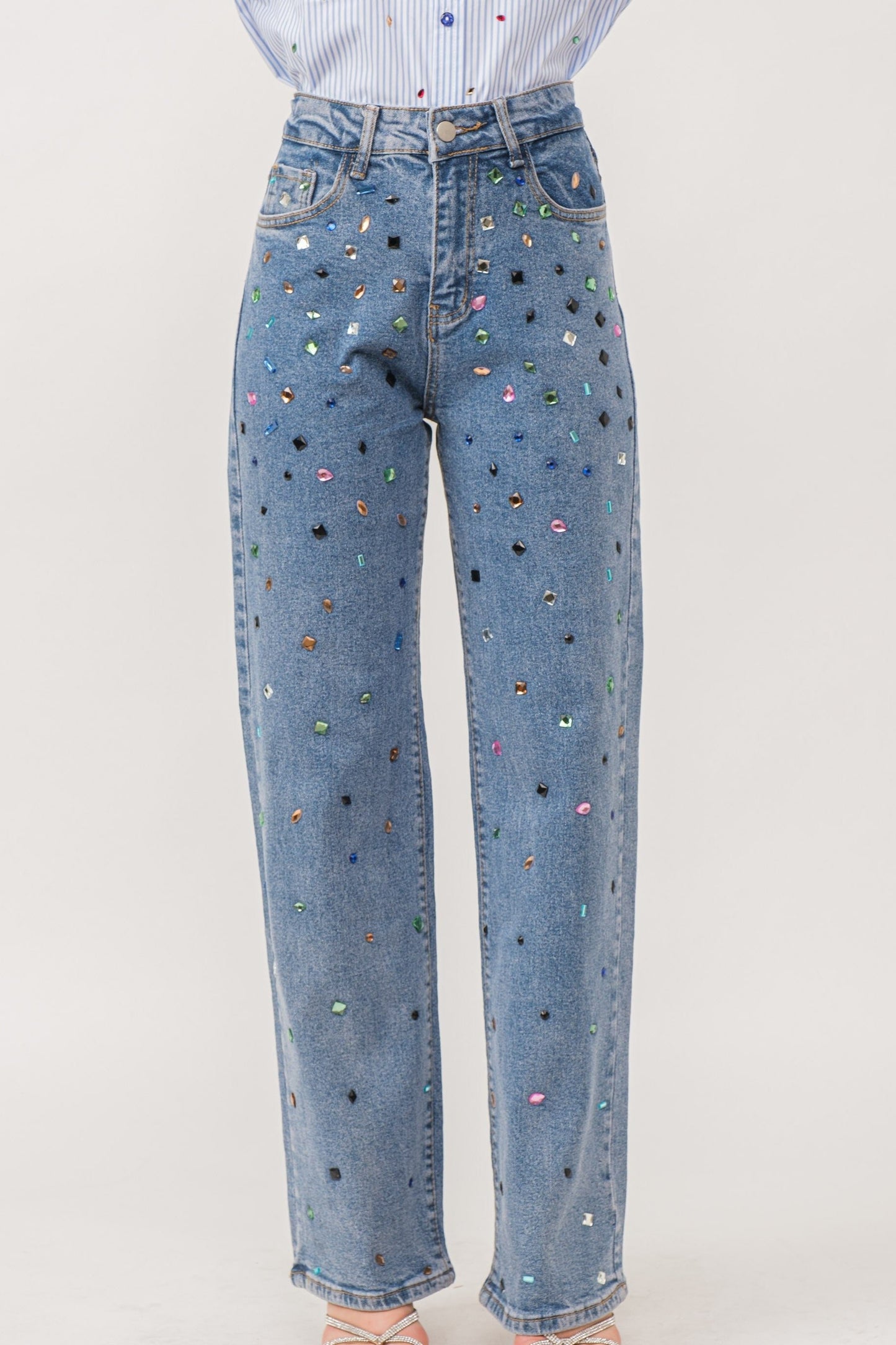 Multicolor rhinestone stretch denim pants