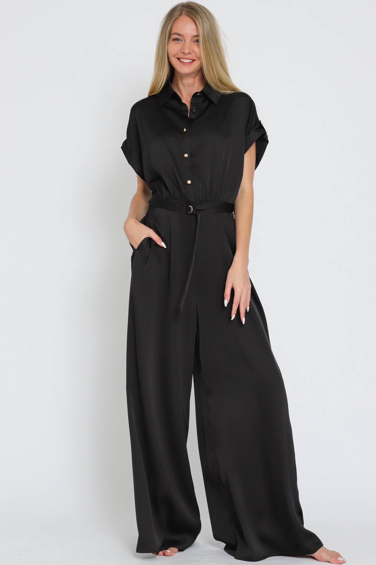 Short Sleeve Belted Jumpsuit