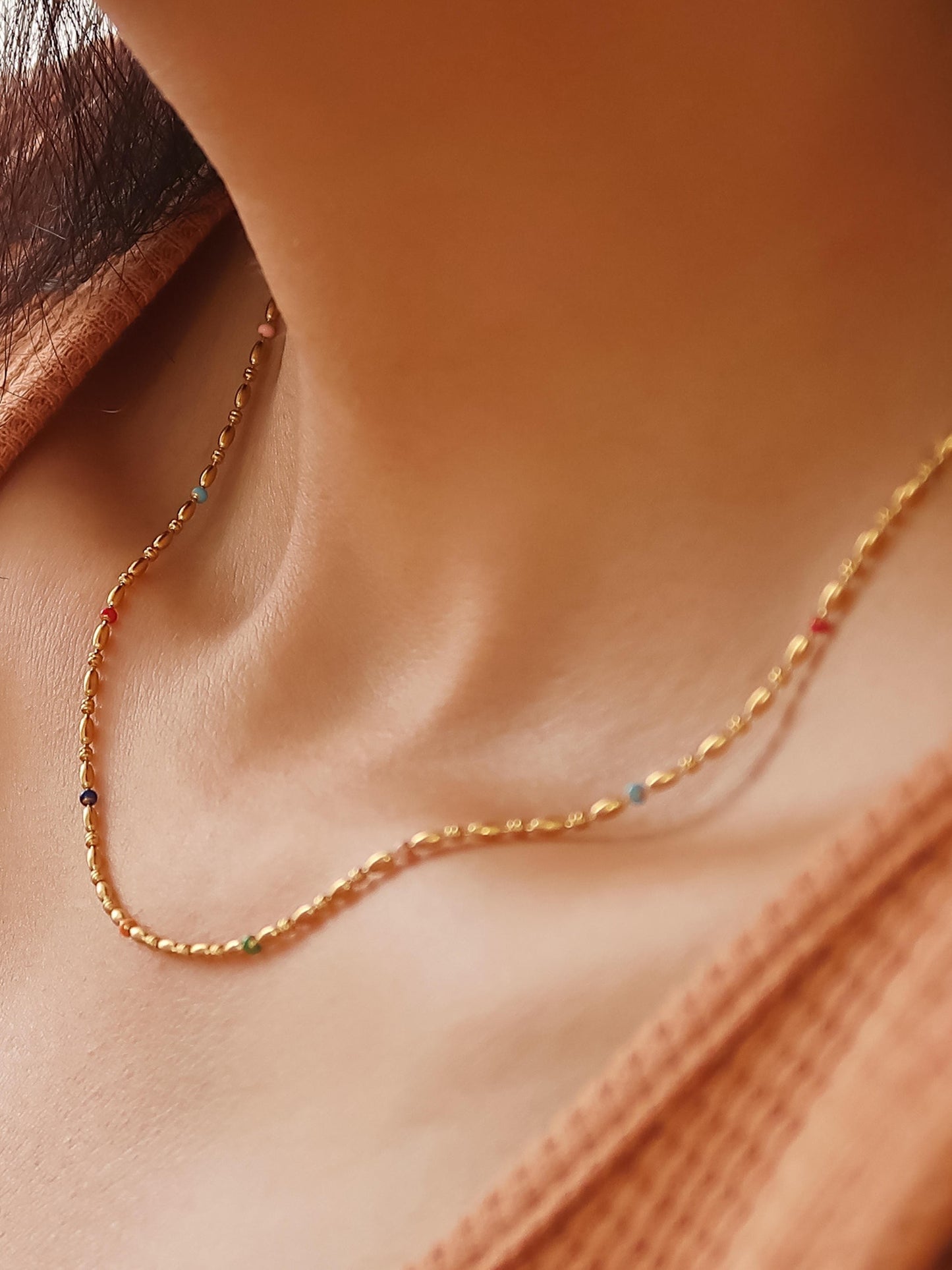 Multi Color 18k Gold Non-tarnish Petite Beaded Necklace