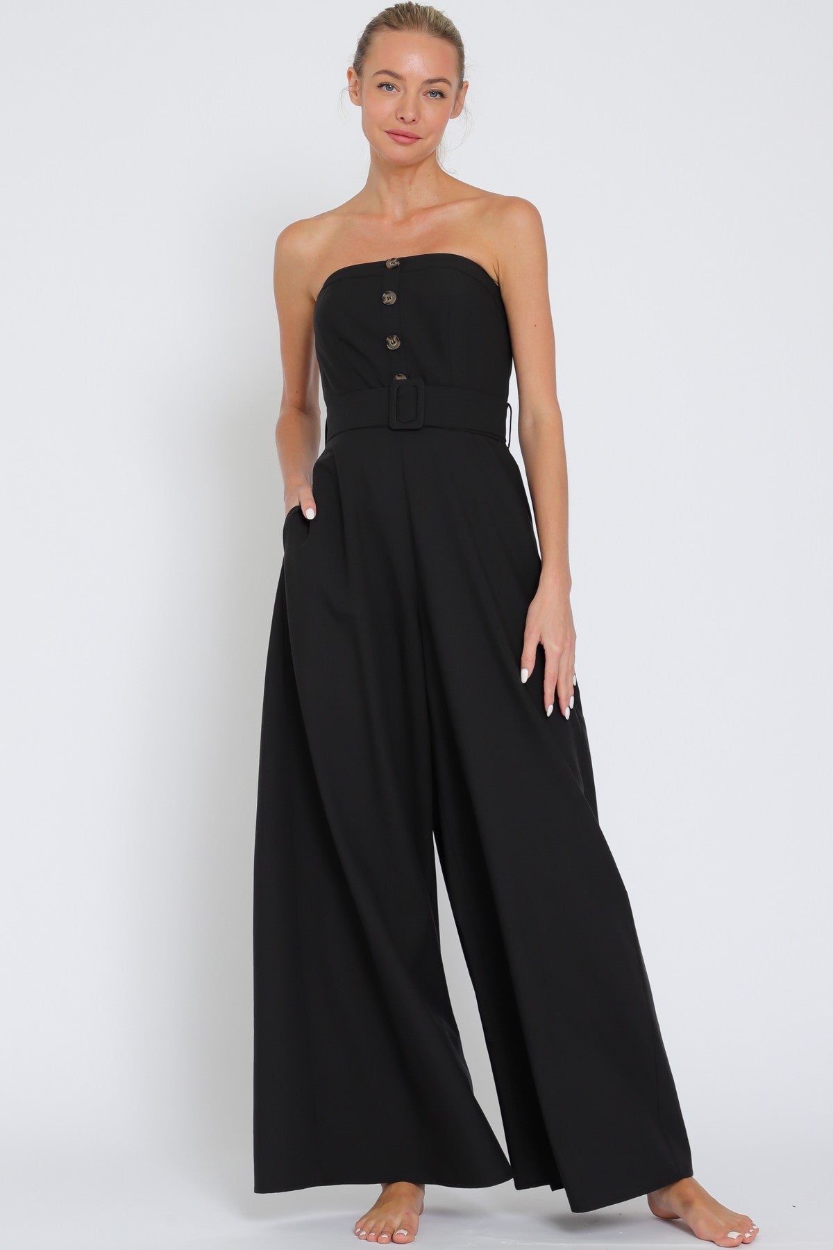 Belted Linen Jumpsuit Black