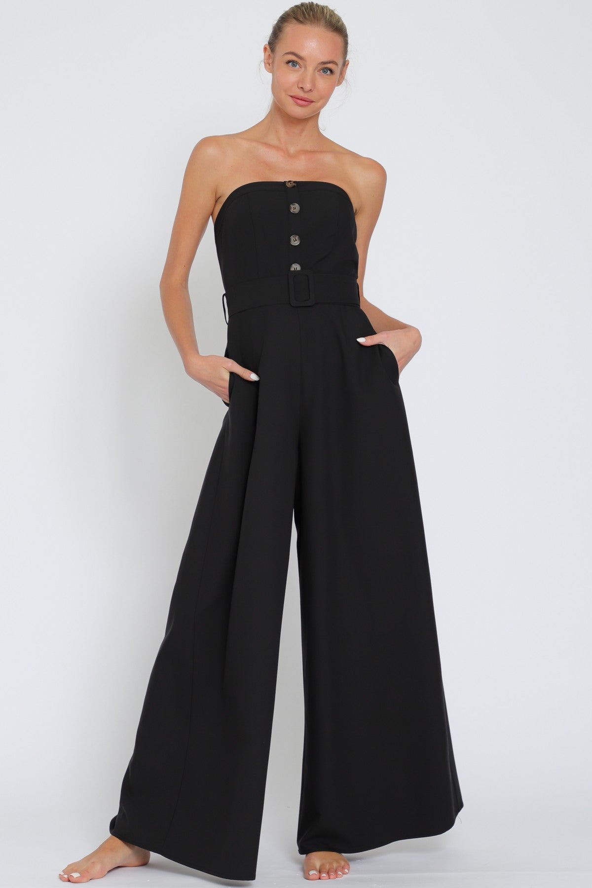 Belted Linen Jumpsuit Black