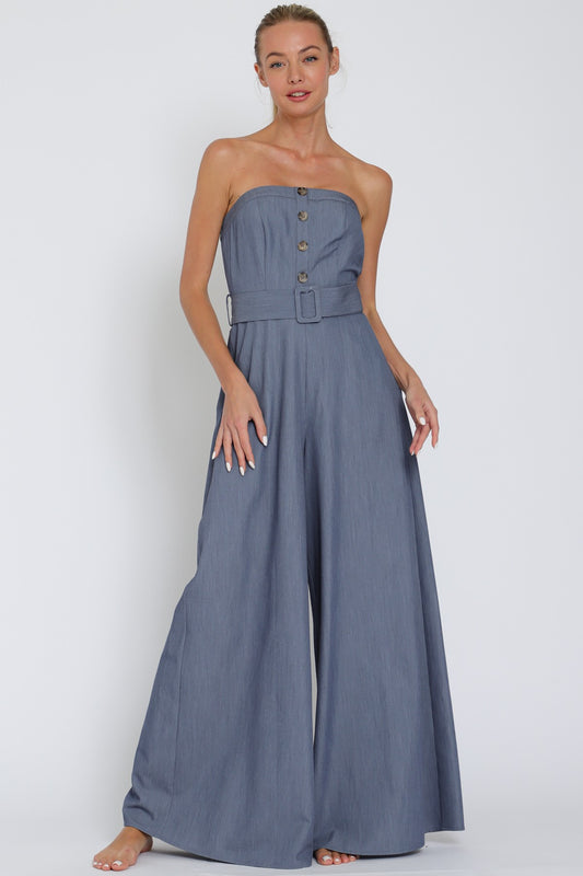 Belted Linen Jumpsuit Blue