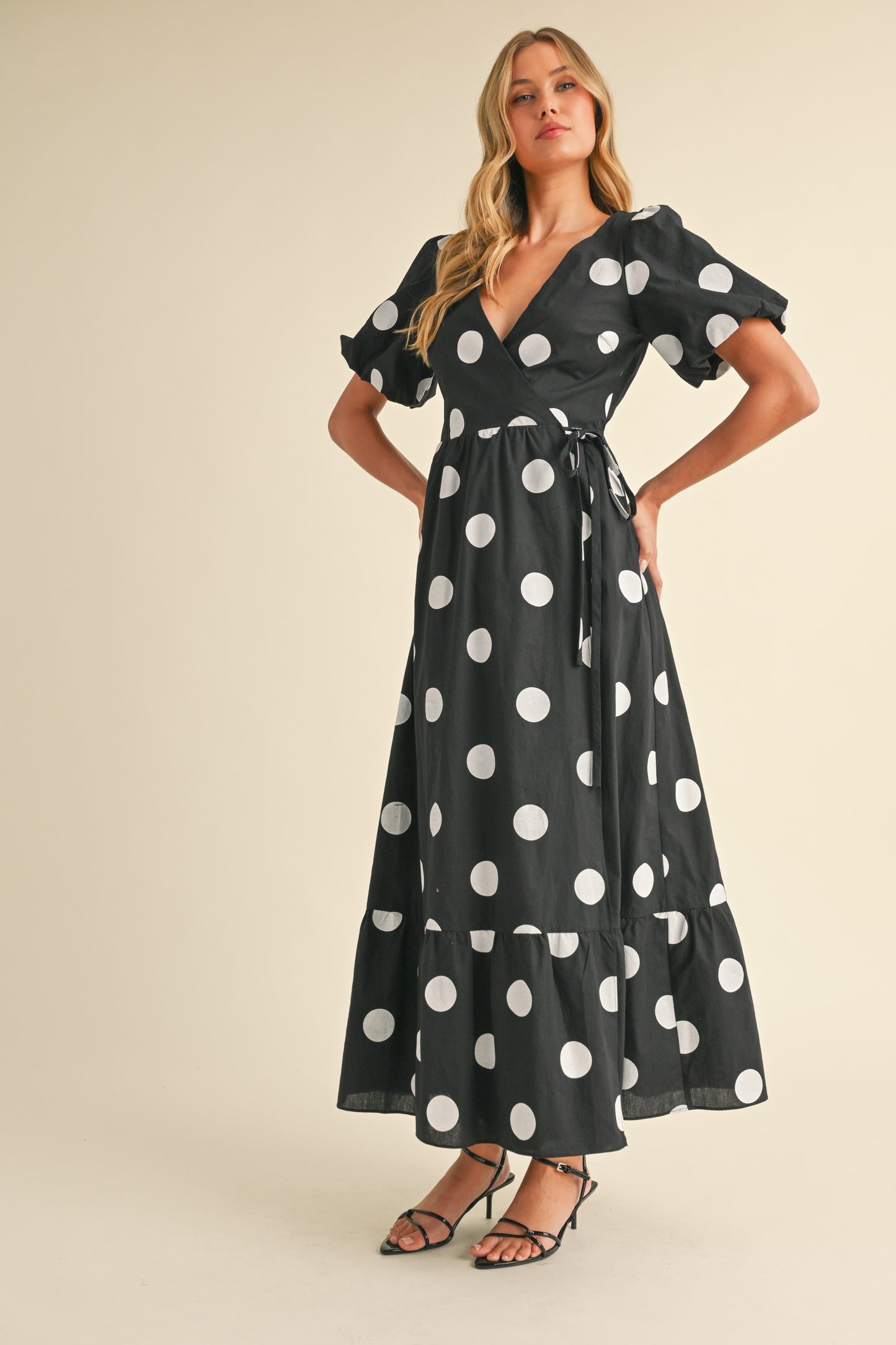 Puff Sleeve Polka Dot Wrap Maxi Dress