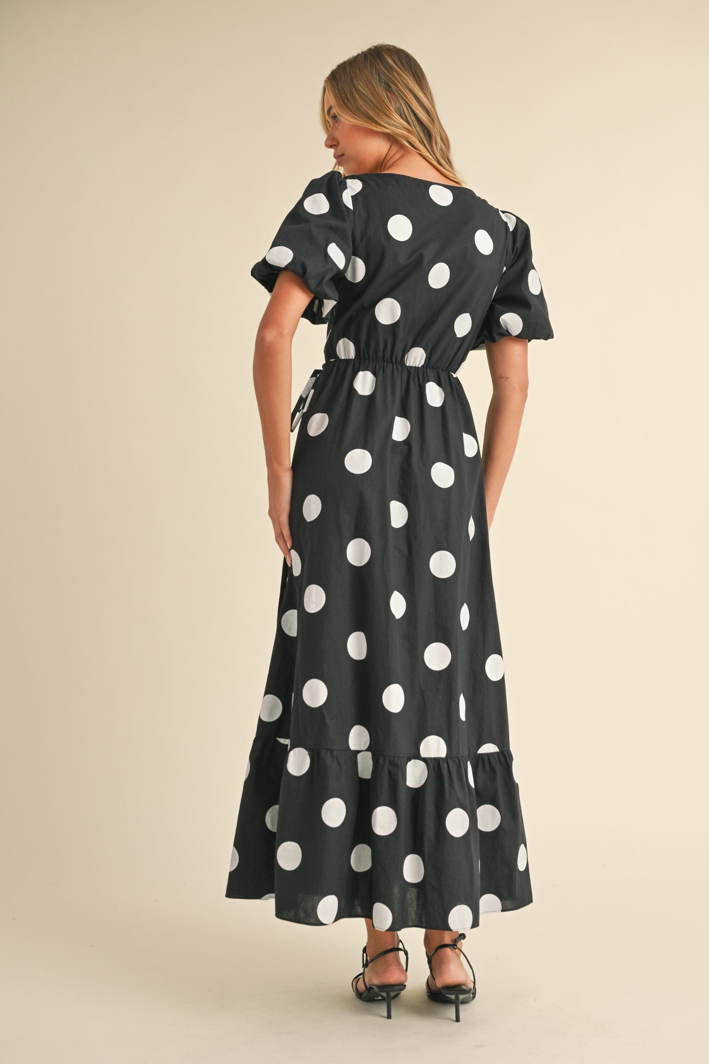 Puff Sleeve Polka Dot Wrap Maxi Dress