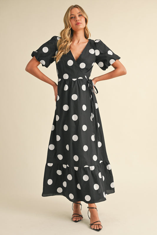 Puff Sleeve Polka Dot Wrap Maxi Dress