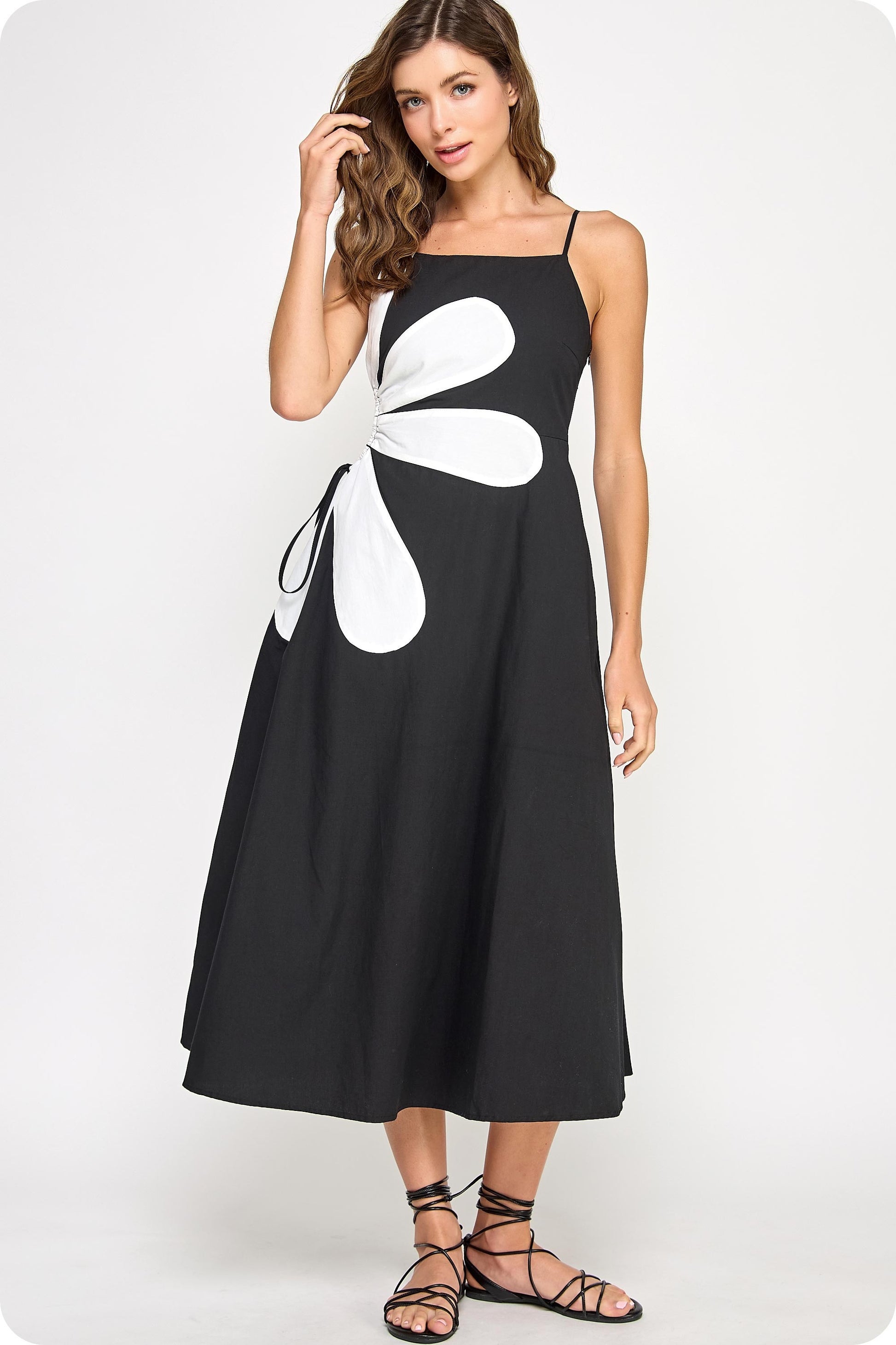 Sleeveless Side Cut-out Flower Detail Midi Dress Black FLORA Sleeveless Side Cut-out Flower Detail Midi Dress Black FLORA