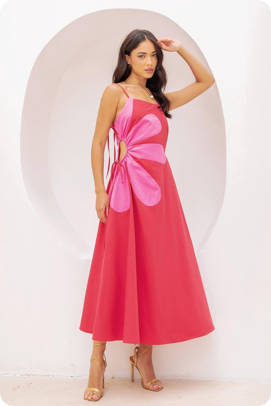 Sleeveless Side Cut-out Flower Detail Midi Dress Red