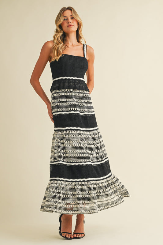 Color Block Crochet Lace Tierd Midi Dress